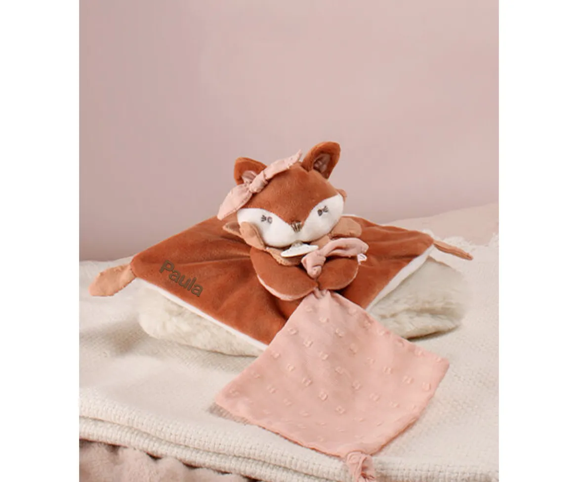 Caja Regalo Doudou Personalizable Zorro Mina con Sujetachupetes