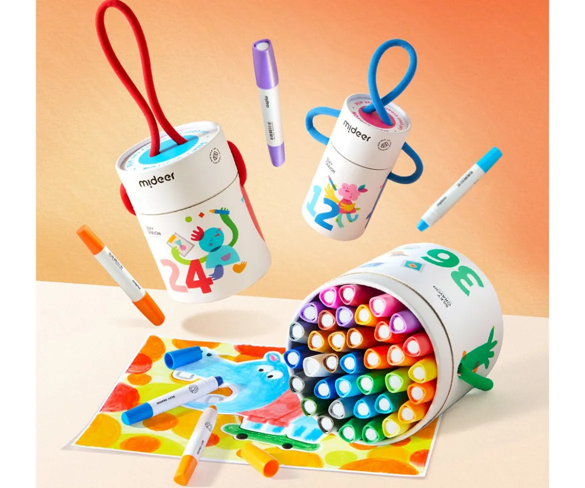 Cubo de 36 Crayones Silky Secado Rápido, Suaves y Lavables
