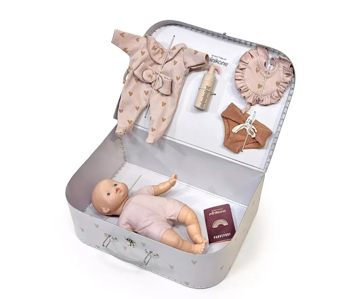 Maleta Vintage "Kit Recién Nacido" Petits Coeurs Roses para Muñecos Babies