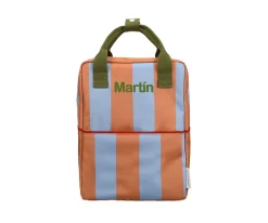 Mochila Escolar Mediana Personalizable Stripes Cloud Blue + Maple Whirl