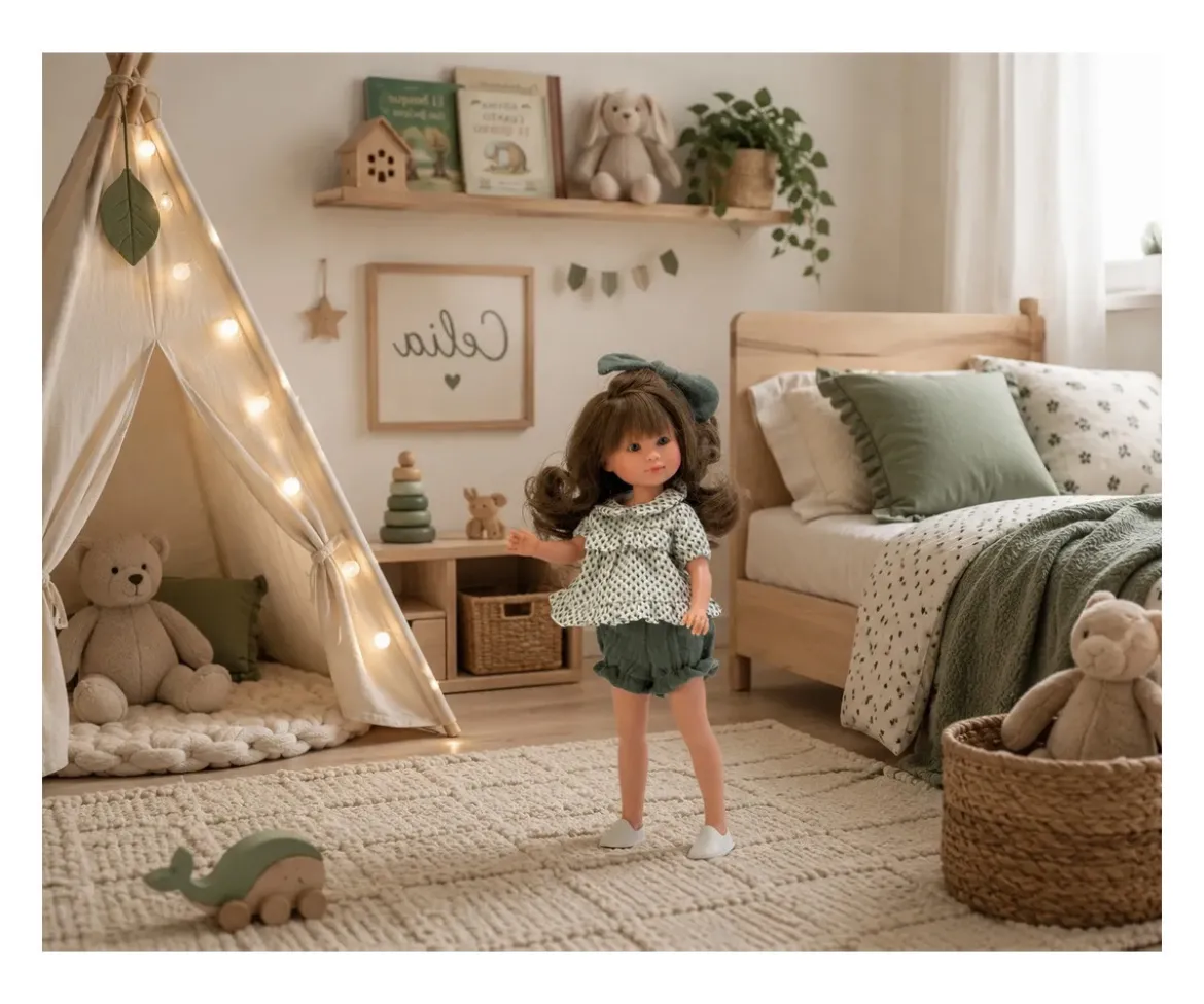Muñeca Celia con Conjunto Camisa Y Pololo Verde