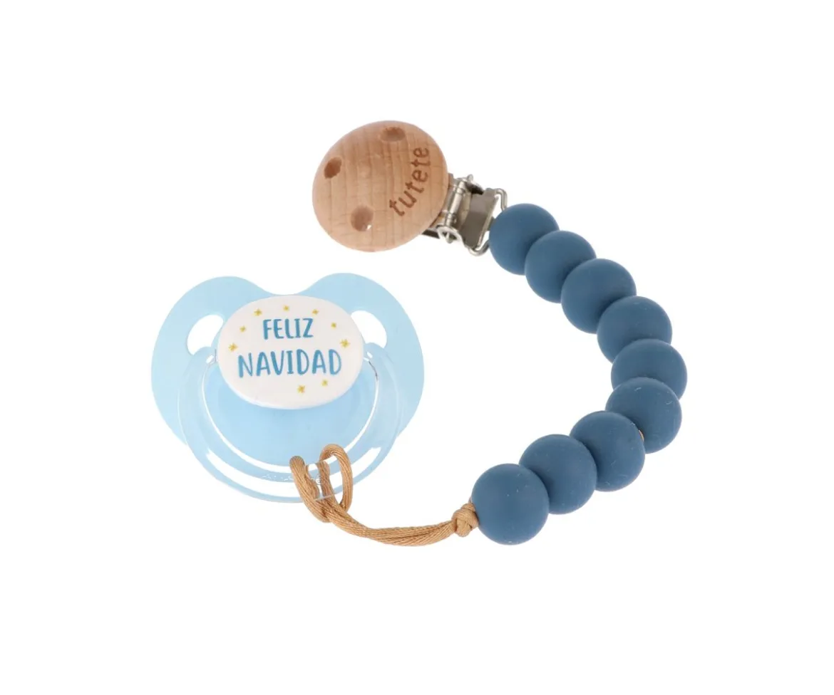 Pack Chupete Retro Azul Feliz Navidad + Chupetero Ocean