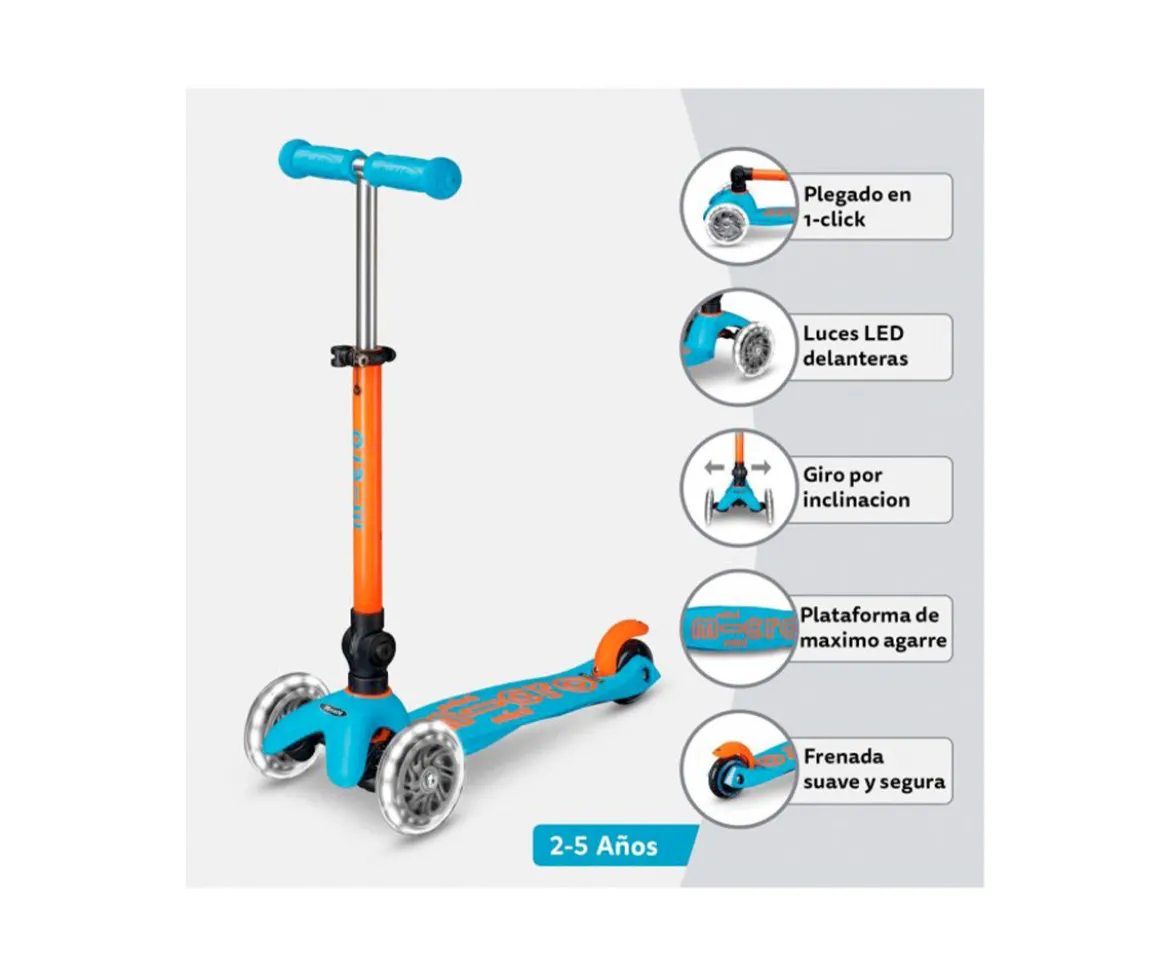 Patinete Plegable Mini Micro Deluxe Neon Azul/Naranja Luces LED