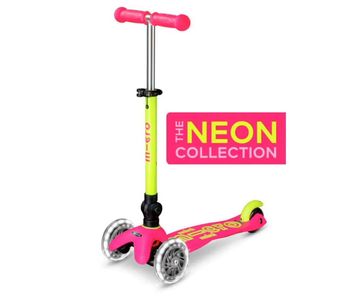 Patinete Plegable Mini Micro Deluxe Neon Rosa/Amarillo Luces LED