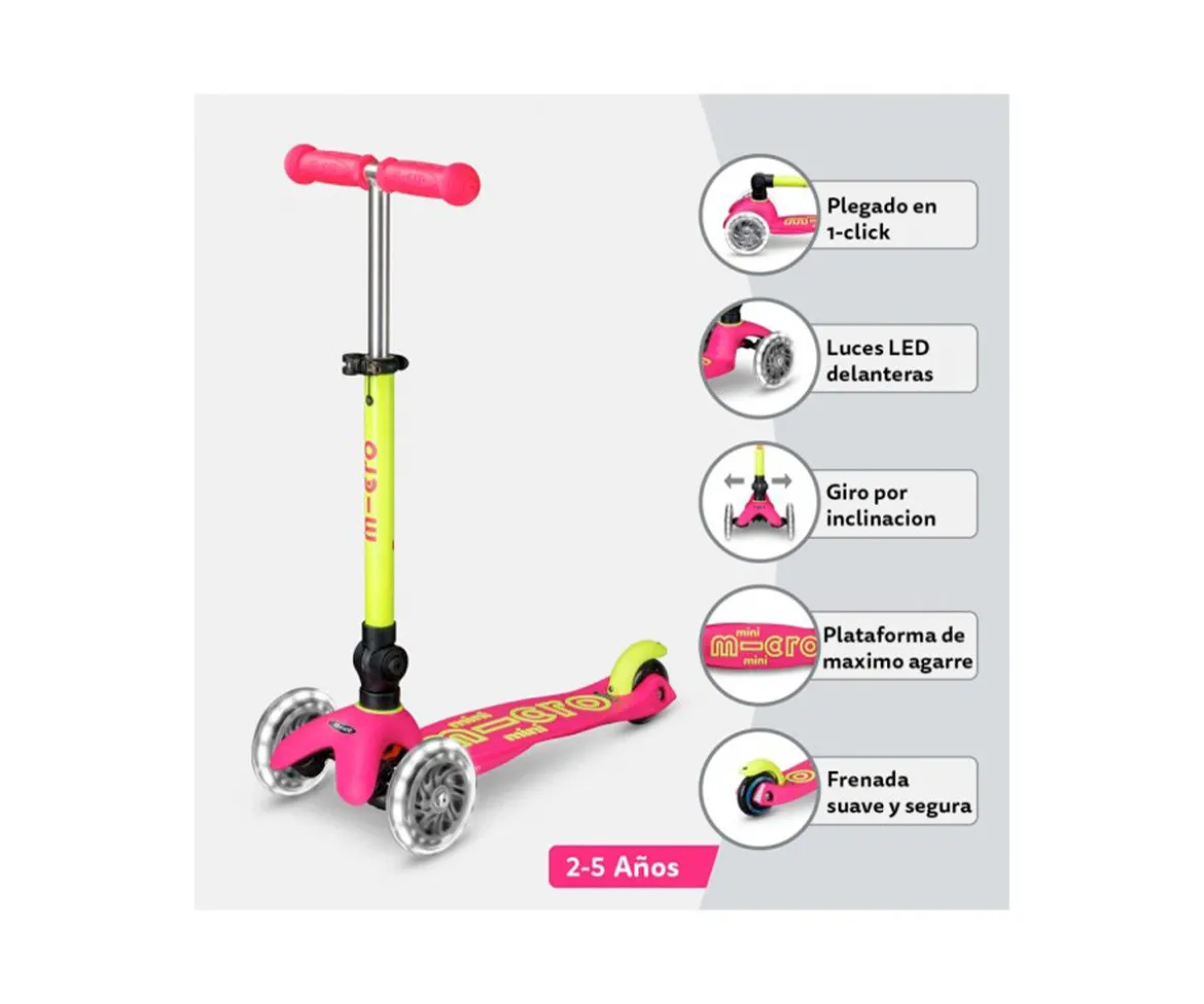 Patinete Plegable Mini Micro Deluxe Neon Rosa/Amarillo Luces LED