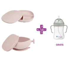 PROMO Plato y Cuenco de Silicona BLush + Taza con Pajita Sage