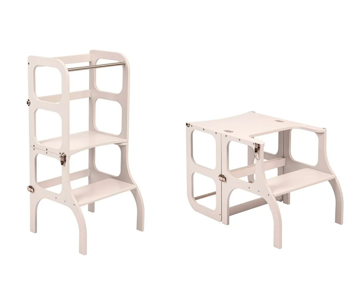 Torre Aprendizaje Montessori Mesa y Silla Blanco/Plateado